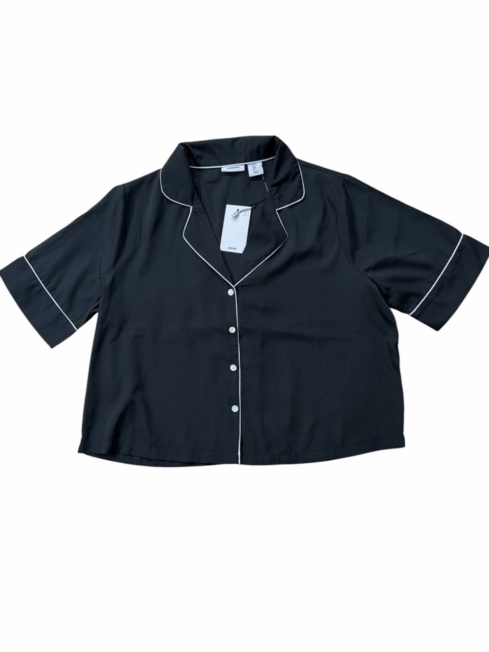 Jason Wu NWT Black Short-Sleeve Satin Pajama Top with White Piping